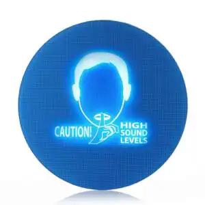 The Pulsar SafeEar Noise-activated Warning Sign displaying “Caution High Sound Levels” message